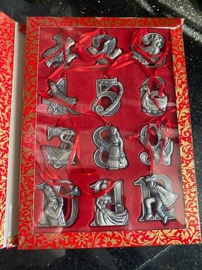 Vintage Twelve Days of Christmas Pewter Ornament Set